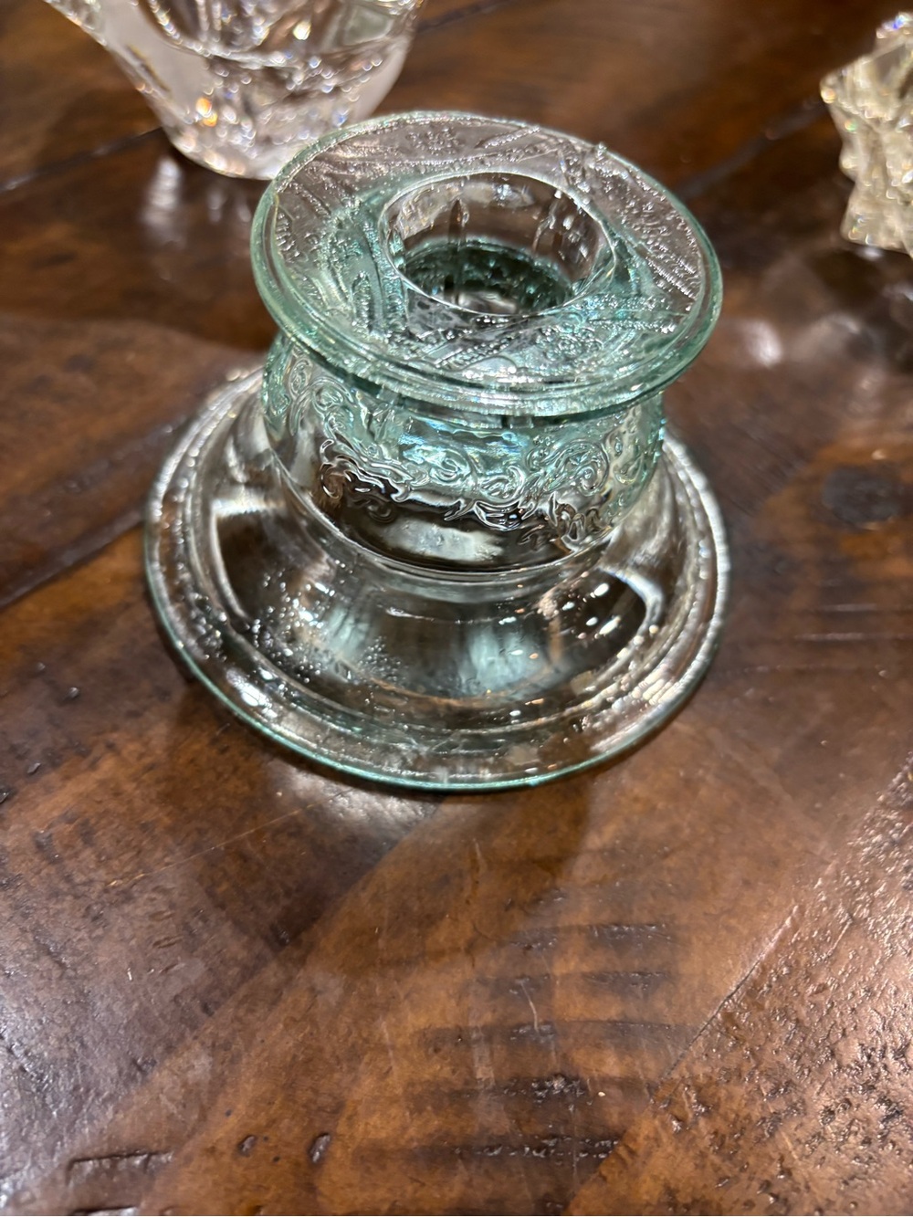 Aqua Embossed Glass Inkwell Candle Holder - Decorative Accent
